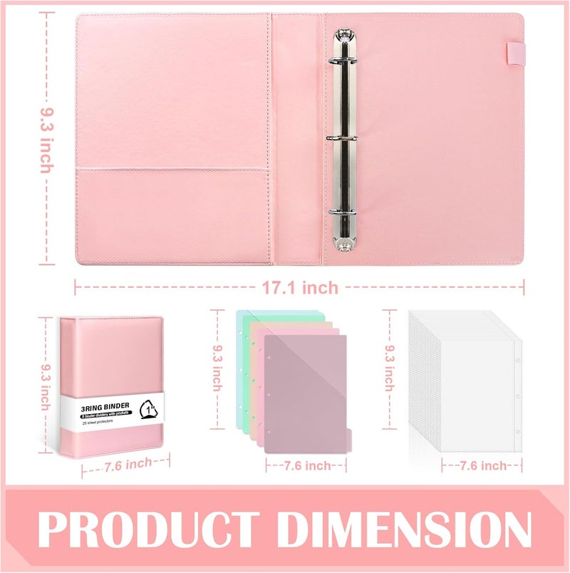 WANGDEFA （Half Size）Pu Leather Mini 3 Ring Binder with 5-Tabs Pocket Dividers & 25 Sheet Protectors 5.5 x 8.5 Professional Organizer Cute Organizer Binders 1" D Rings for Small Binder Paper School Office(Pink) - Image 2